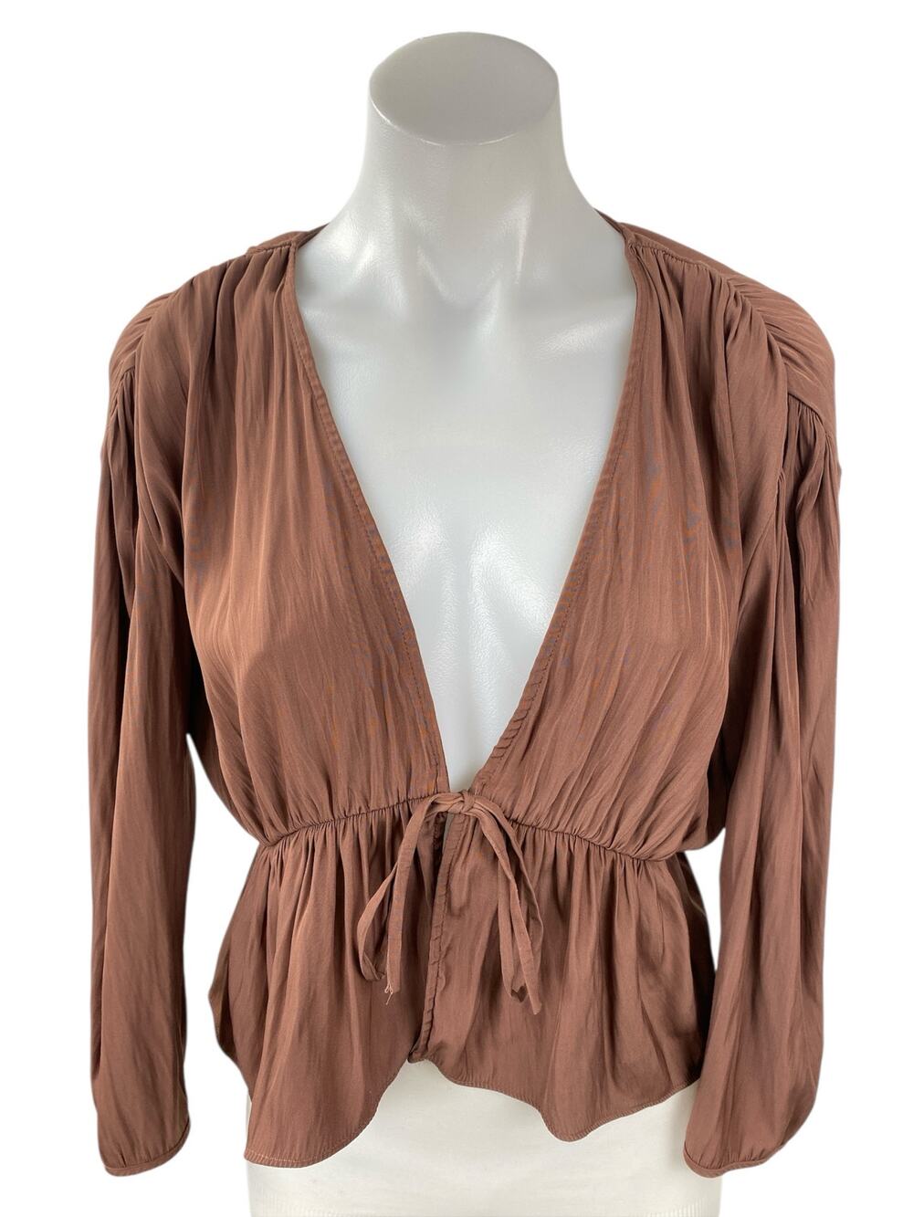 Aritzia Wilfred Shanina Womens Brown Deep V Neck Long Sleeve Tie Blouse Top Sz S